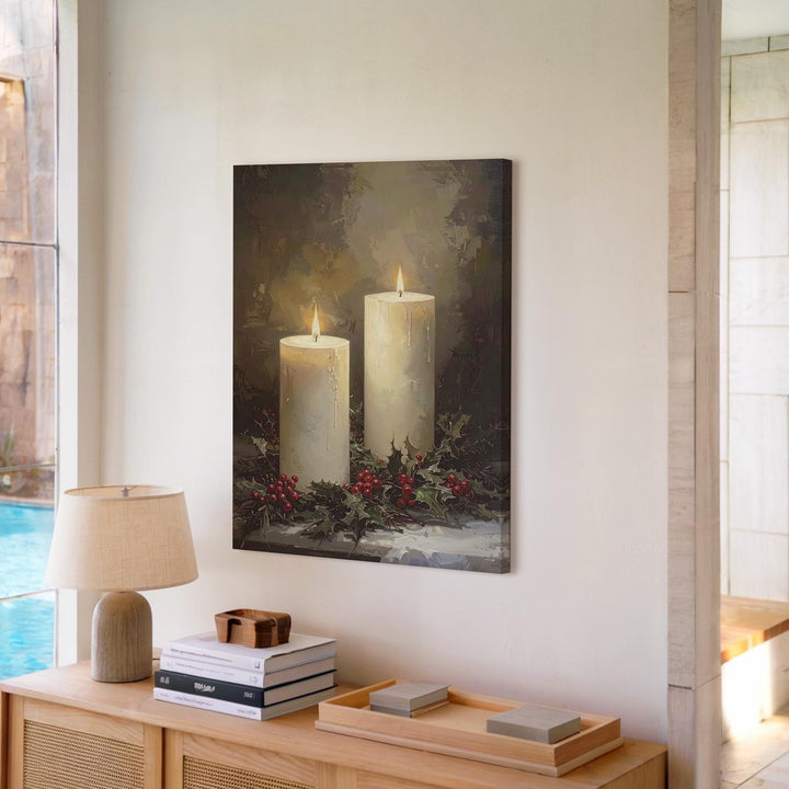 White Candle & Holly Canvas – Peaceful Christmas Faith Wall Art - Gifitto