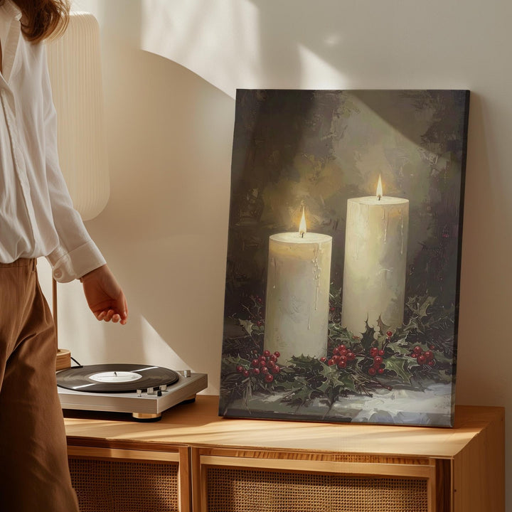 White Candle & Holly Canvas – Peaceful Christmas Faith Wall Art - Gifitto