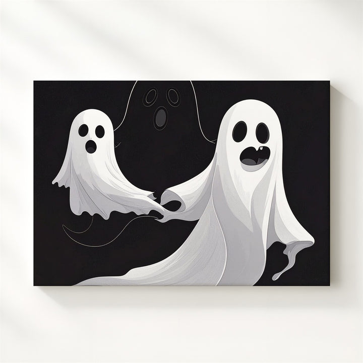 Playful Ghost Duo Canvas – Minimalist Halloween Wall Art in Black & White - Gifitto