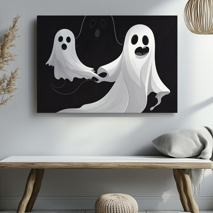 Playful Ghost Duo Canvas – Minimalist Halloween Wall Art in Black & White - Gifitto
