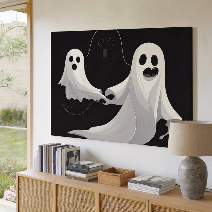 Playful Ghost Duo Canvas – Minimalist Halloween Wall Art in Black & White - Gifitto