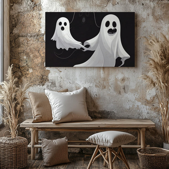 Playful Ghost Duo Canvas – Minimalist Halloween Wall Art in Black & White - Gifitto