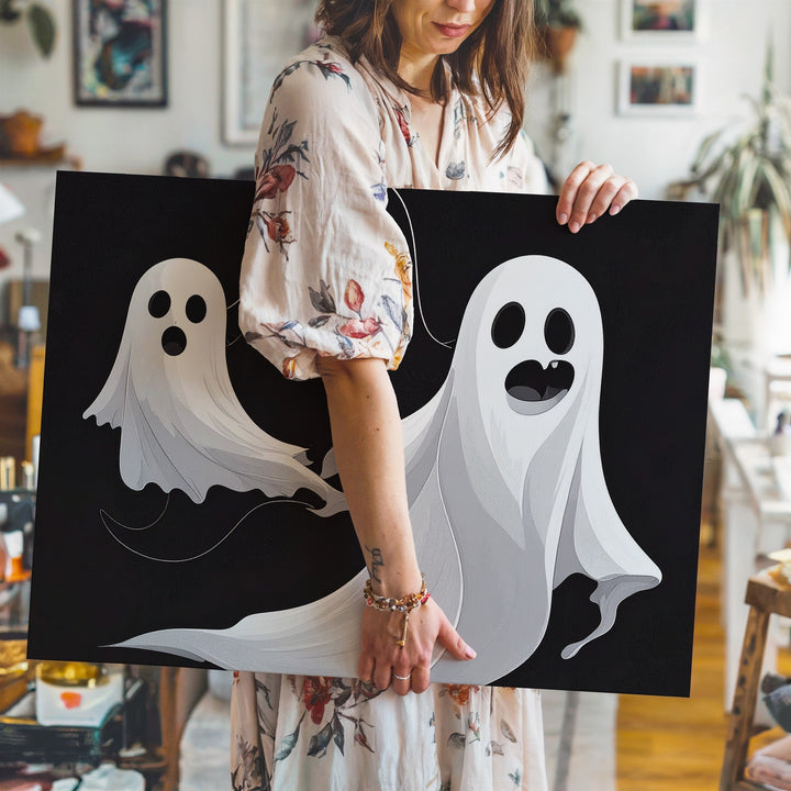 Playful Ghost Duo Canvas – Minimalist Halloween Wall Art in Black & White - Gifitto