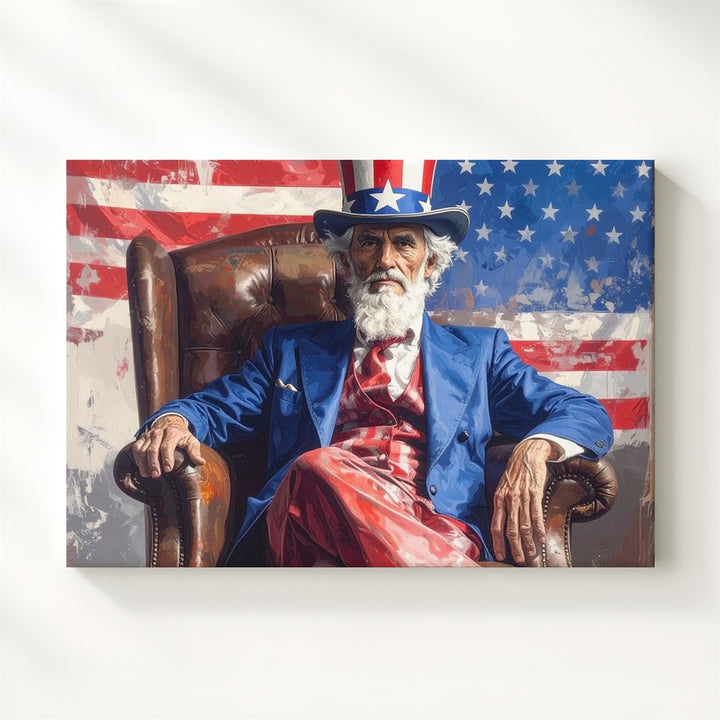 Uncle Sam in Leather Chair Canvas – Patriotic Portrait with Attitude & Tradition - Gifitto