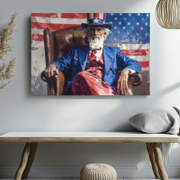 Uncle Sam in Leather Chair Canvas – Patriotic Portrait with Attitude & Tradition - Gifitto