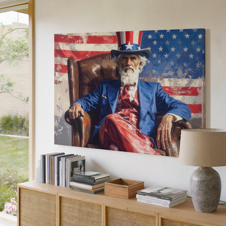Uncle Sam in Leather Chair Canvas – Patriotic Portrait with Attitude & Tradition - Gifitto