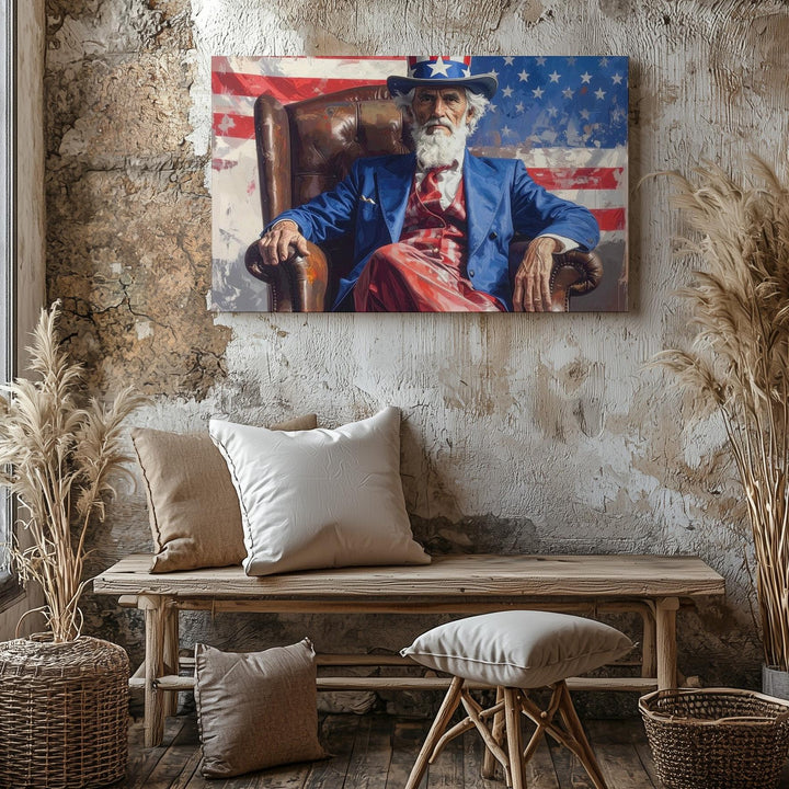 Uncle Sam in Leather Chair Canvas – Patriotic Portrait with Attitude & Tradition - Gifitto