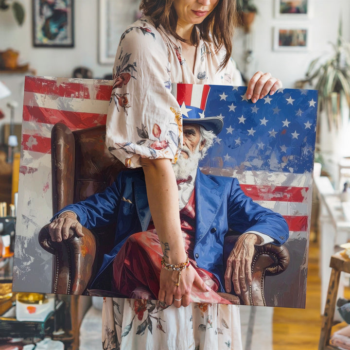 Uncle Sam in Leather Chair Canvas – Patriotic Portrait with Attitude & Tradition - Gifitto