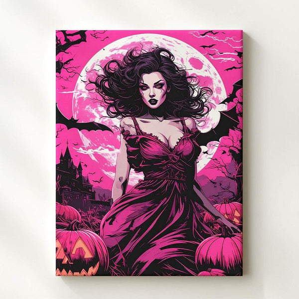 Vampire Queen & Jack-o’-Lanterns Canvas – Gothic Comic Horror Wall Art - Gifitto