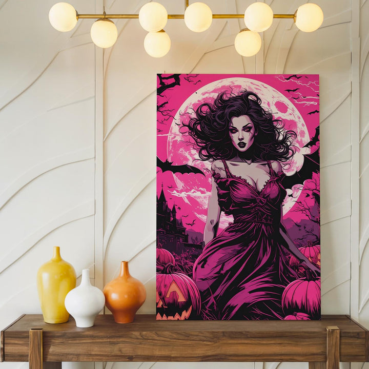 Vampire Queen & Jack-o’-Lanterns Canvas – Gothic Comic Horror Wall Art - Gifitto