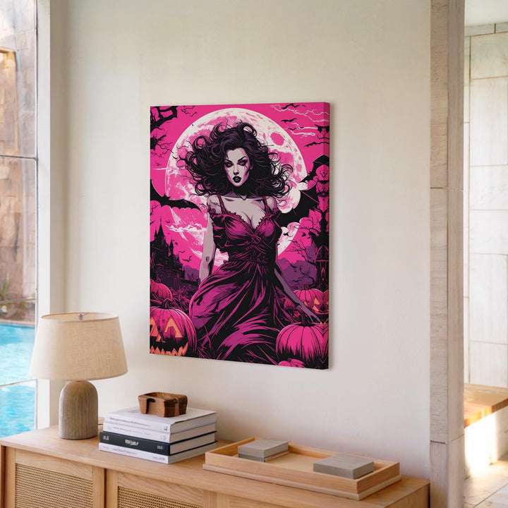 Vampire Queen & Jack-o’-Lanterns Canvas – Gothic Comic Horror Wall Art - Gifitto