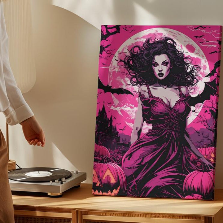 Vampire Queen & Jack-o’-Lanterns Canvas – Gothic Comic Horror Wall Art - Gifitto