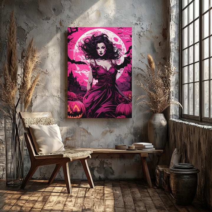 Vampire Queen & Jack-o’-Lanterns Canvas – Gothic Comic Horror Wall Art - Gifitto