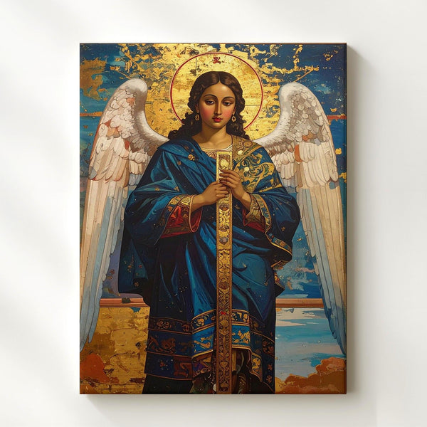 Byzantine Angel Canvas – Vertical Sacred Panel in Blue and Gold Robe - Gifitto