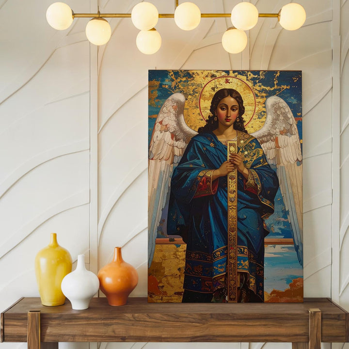 Byzantine Angel Canvas – Vertical Sacred Panel in Blue and Gold Robe - Gifitto