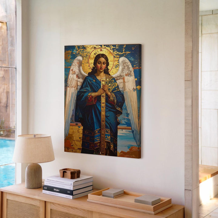 Byzantine Angel Canvas – Vertical Sacred Panel in Blue and Gold Robe - Gifitto