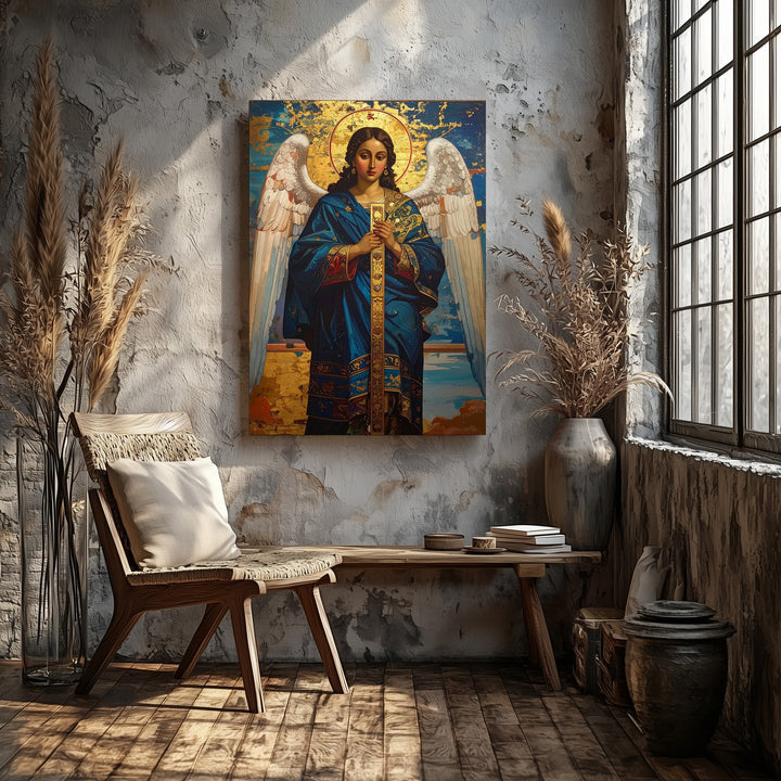 Byzantine Angel Canvas – Vertical Sacred Panel in Blue and Gold Robe - Gifitto