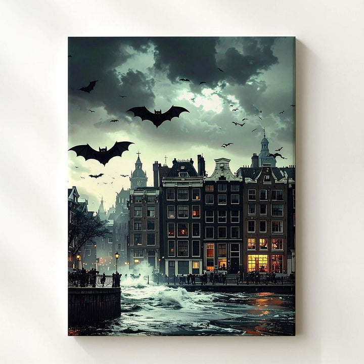 Eerie City Bats Canvas – Halloween Skyline Under Haunted Green Sky - Gifitto
