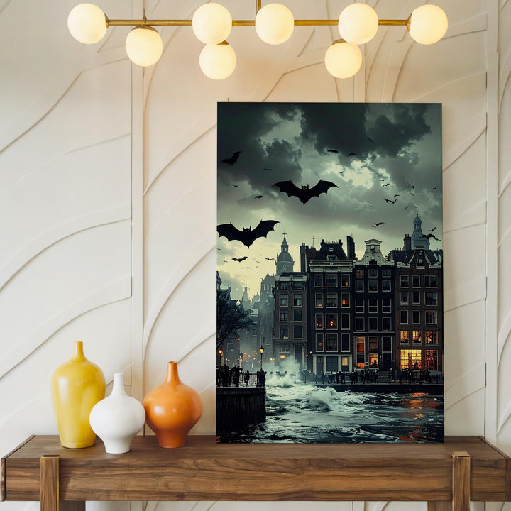 Eerie City Bats Canvas – Halloween Skyline Under Haunted Green Sky - Gifitto