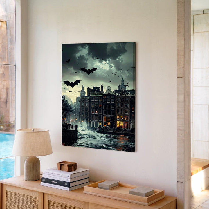 Eerie City Bats Canvas – Halloween Skyline Under Haunted Green Sky - Gifitto