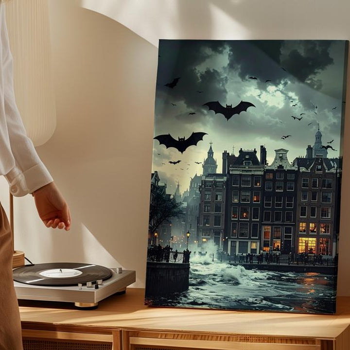 Eerie City Bats Canvas – Halloween Skyline Under Haunted Green Sky - Gifitto