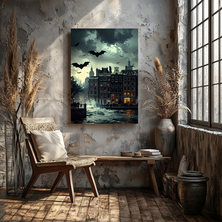 Eerie City Bats Canvas – Halloween Skyline Under Haunted Green Sky - Gifitto