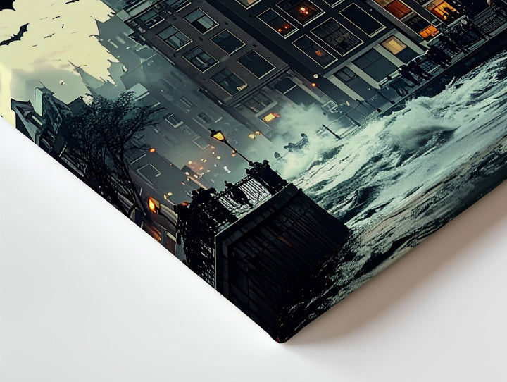 Eerie City Bats Canvas – Halloween Skyline Under Haunted Green Sky - Gifitto
