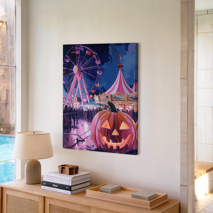 Halloween Carnival Night Canvas – Pink & Purple Festive Fairground Wall Art - Gifitto