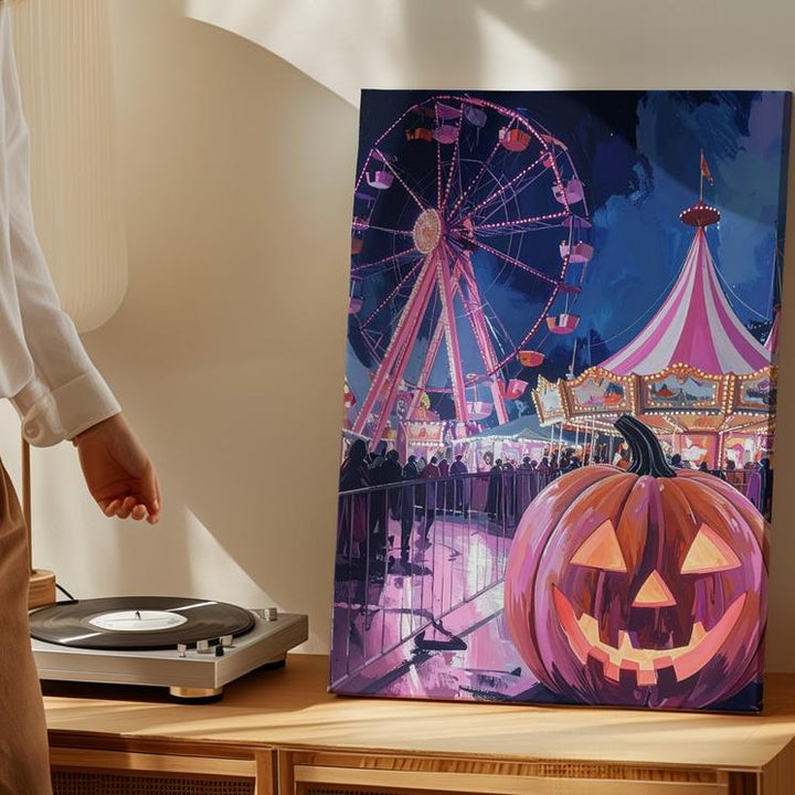Halloween Carnival Night Canvas – Pink & Purple Festive Fairground Wall Art - Gifitto