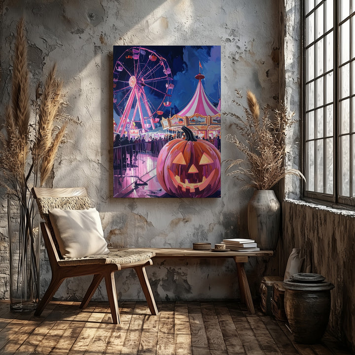 Halloween Carnival Night Canvas – Pink & Purple Festive Fairground Wall Art - Gifitto