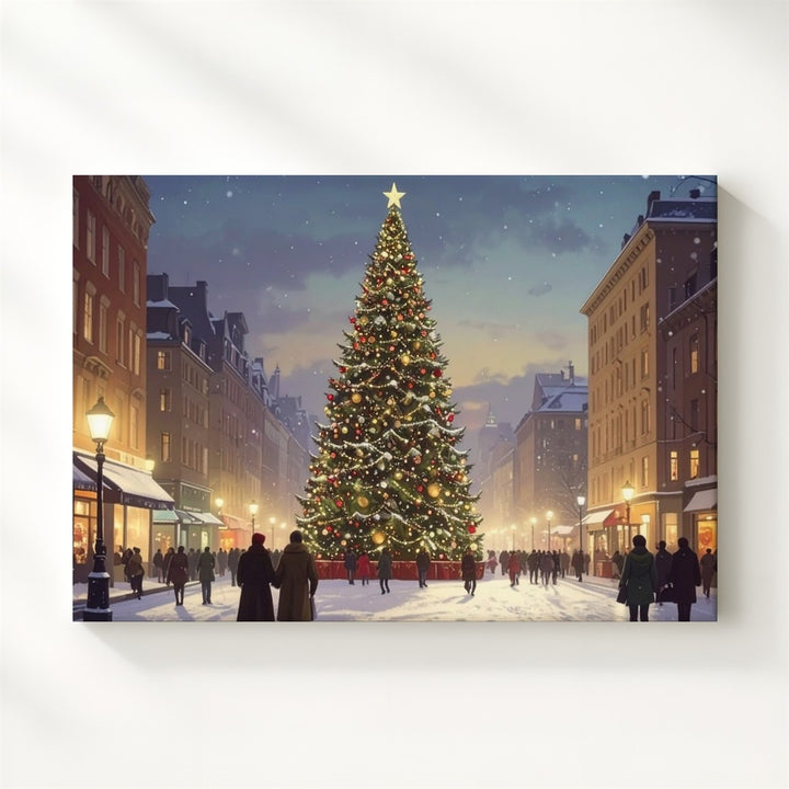 Glowing Christmas Tree Street Scene Canvas – Festive Holiday Gathering Art - Gifitto