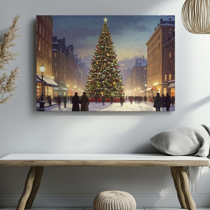 Glowing Christmas Tree Street Scene Canvas – Festive Holiday Gathering Art - Gifitto