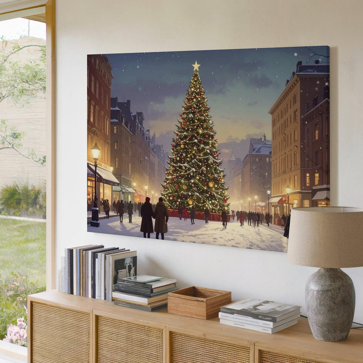 Glowing Christmas Tree Street Scene Canvas – Festive Holiday Gathering Art - Gifitto