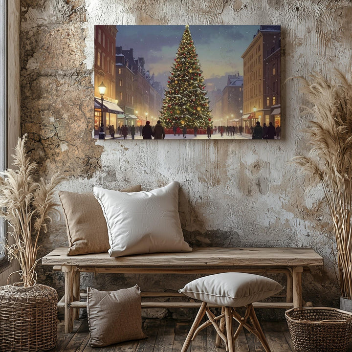 Glowing Christmas Tree Street Scene Canvas – Festive Holiday Gathering Art - Gifitto