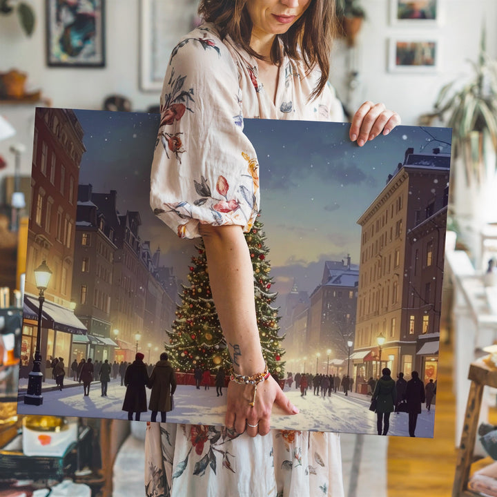 Glowing Christmas Tree Street Scene Canvas – Festive Holiday Gathering Art - Gifitto