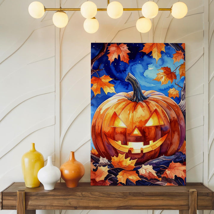 Watercolor Jack-O’-Lantern Canvas – Whimsical Halloween Twilight Art - Gifitto