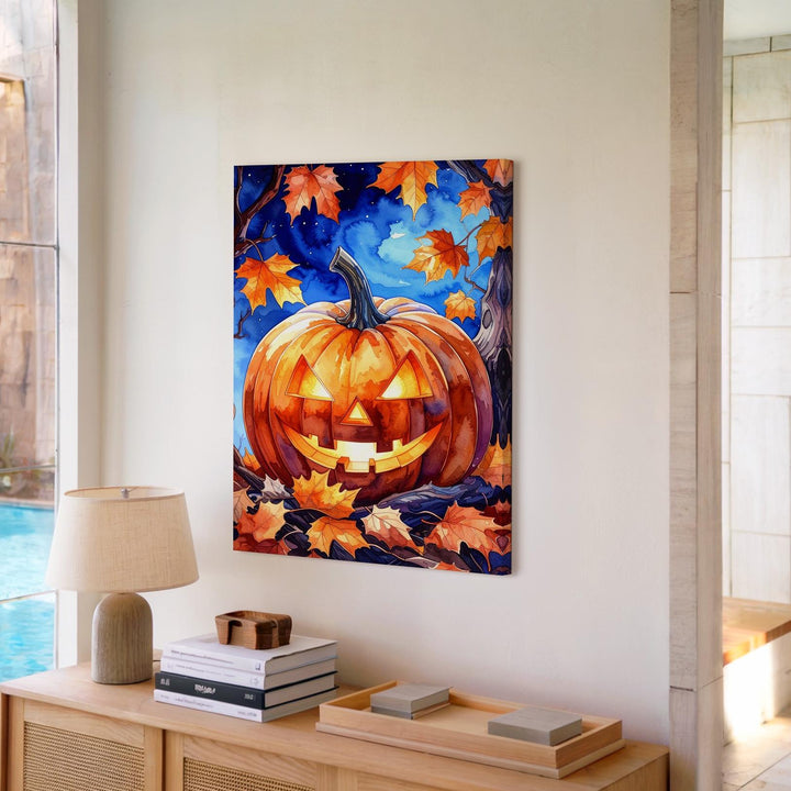 Watercolor Jack-O’-Lantern Canvas – Whimsical Halloween Twilight Art - Gifitto