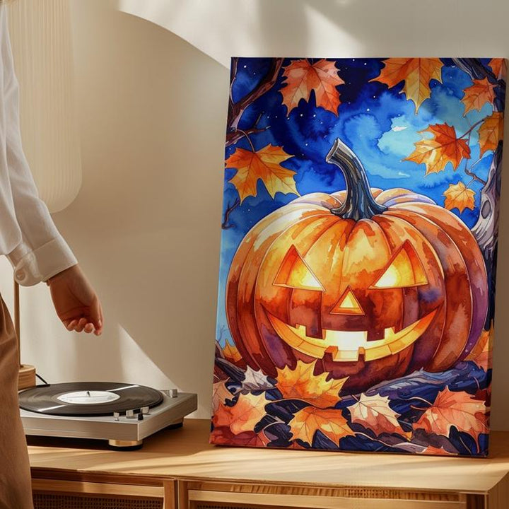 Watercolor Jack-O’-Lantern Canvas – Whimsical Halloween Twilight Art - Gifitto