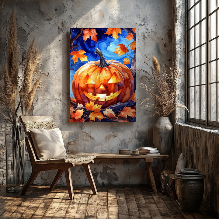 Watercolor Jack-O’-Lantern Canvas – Whimsical Halloween Twilight Art - Gifitto