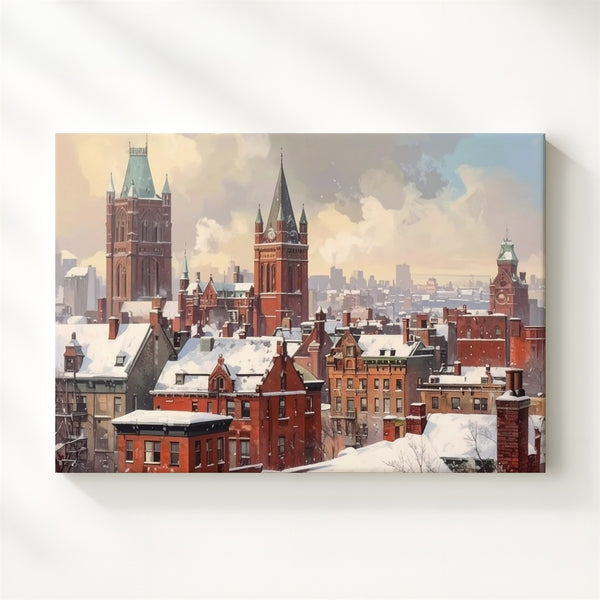 Victorian Christmas Cityscape Canvas – Snowy Red Brick Winter Art - Gifitto