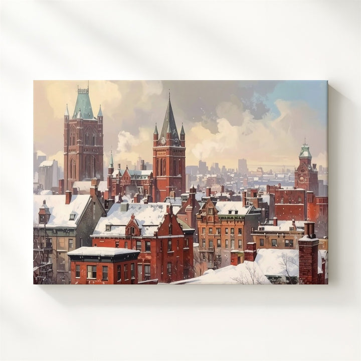 Victorian Christmas Cityscape Canvas – Snowy Red Brick Winter Art - Gifitto