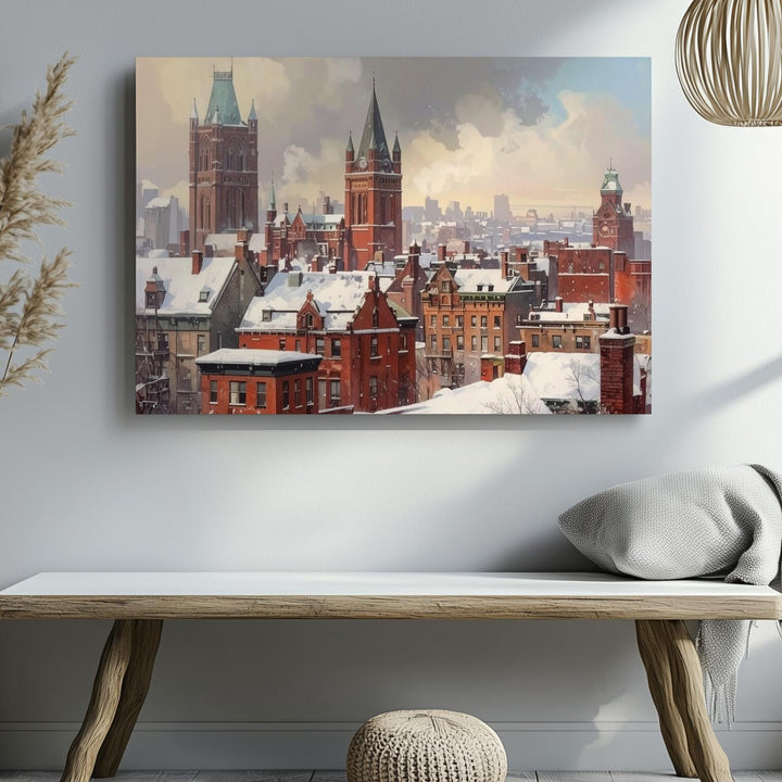 Victorian Christmas Cityscape Canvas – Snowy Red Brick Winter Art - Gifitto