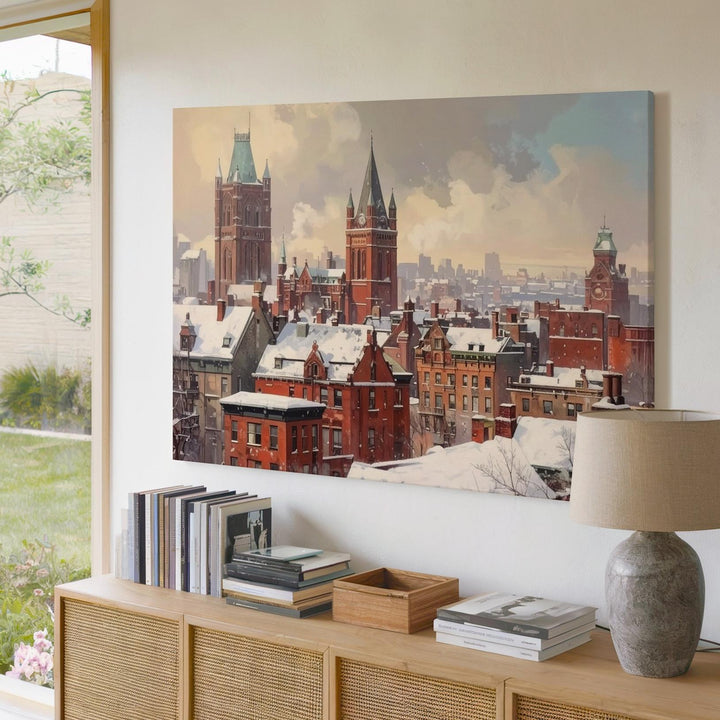 Victorian Christmas Cityscape Canvas – Snowy Red Brick Winter Art - Gifitto