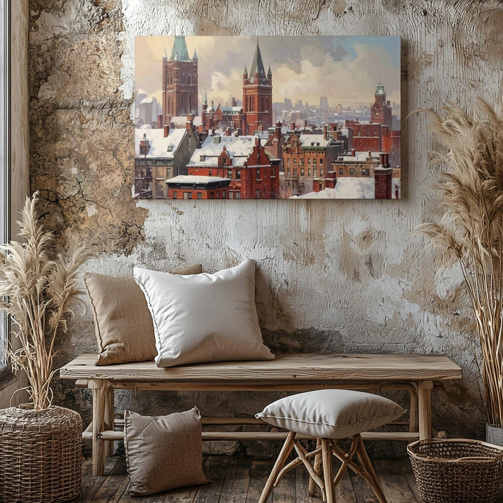 Victorian Christmas Cityscape Canvas – Snowy Red Brick Winter Art - Gifitto