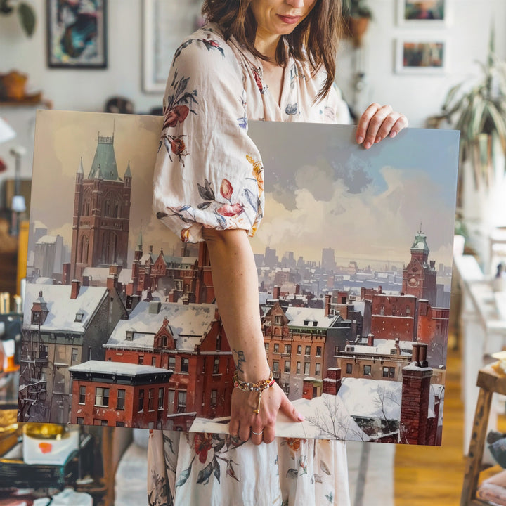 Victorian Christmas Cityscape Canvas – Snowy Red Brick Winter Art - Gifitto