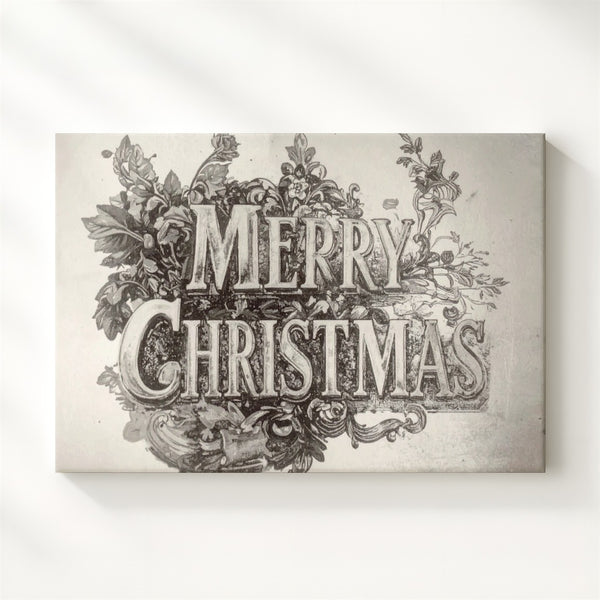 Victorian Merry Christmas Canvas – Ornate Black & White Botanical Lettering - Gifitto