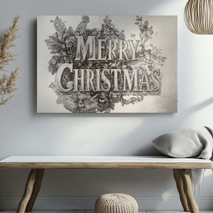 Victorian Merry Christmas Canvas – Ornate Black & White Botanical Lettering - Gifitto