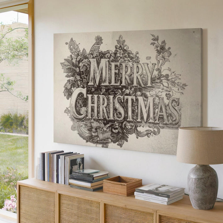 Victorian Merry Christmas Canvas – Ornate Black & White Botanical Lettering - Gifitto