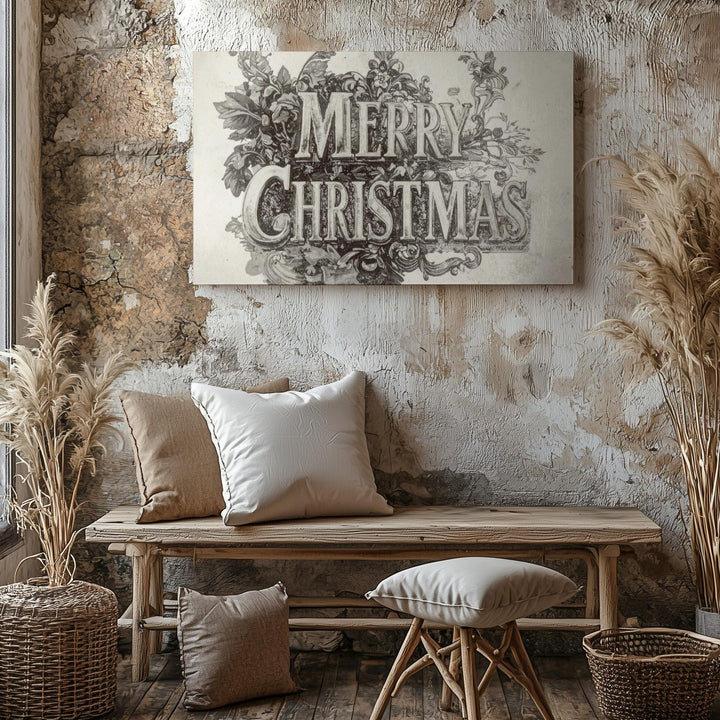 Victorian Merry Christmas Canvas – Ornate Black & White Botanical Lettering - Gifitto