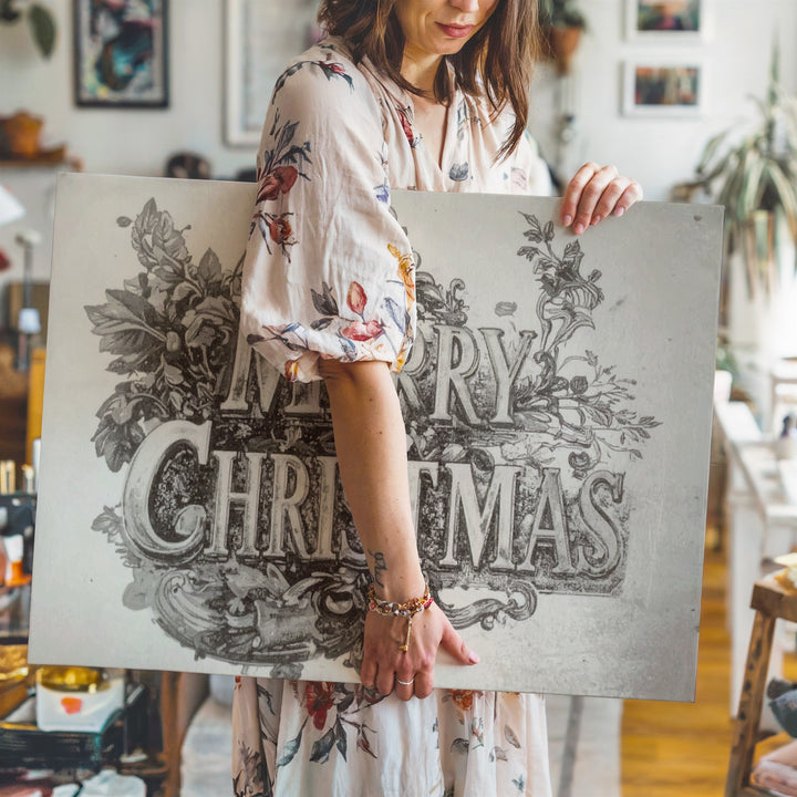 Victorian Merry Christmas Canvas – Ornate Black & White Botanical Lettering - Gifitto